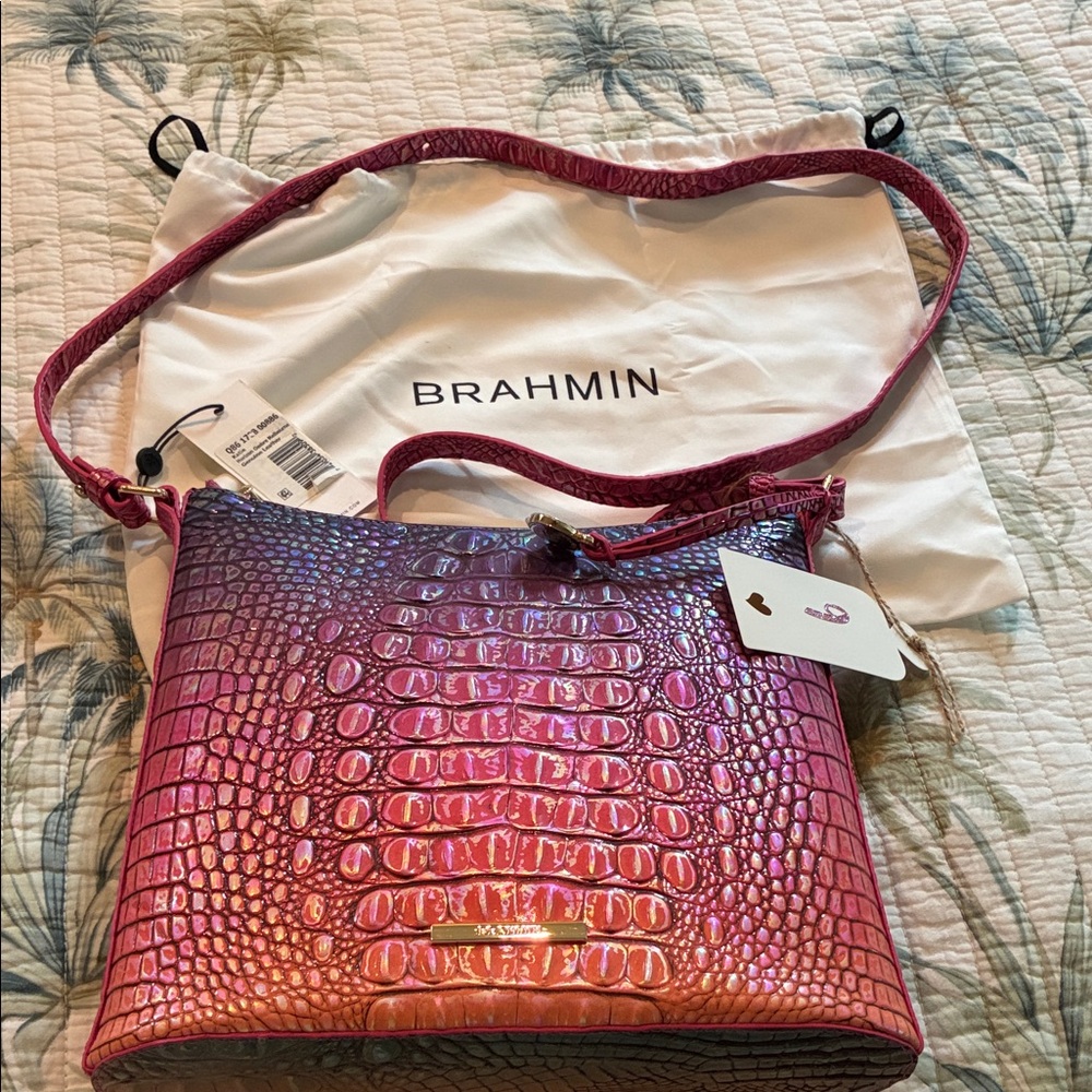 Brahmin Iridescent Pink to Purple Croc-Embossed Crossbody Bag
